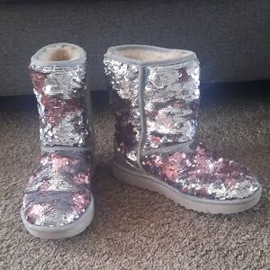 UGG Silver and Pink Sequin Combat Boots